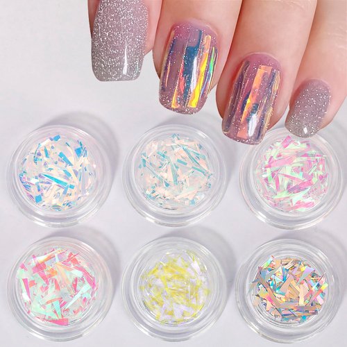 6 Box Aurora Nail Foil Stickers, Colorful Glass Paper Holographic Transfer Decals, Shiny French Art Supplies for Acrylic Nails, Manicure Nail Foil Transfer Stickers Set, Girls DIY Nail Decals for