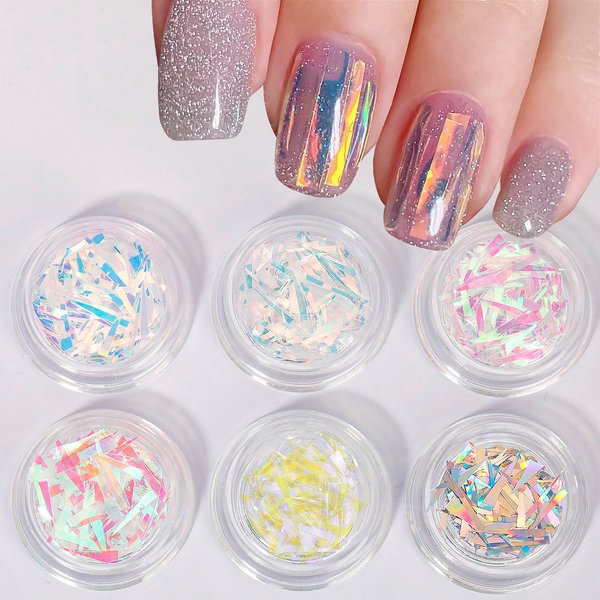 6 Box Aurora Nail Foil Stickers, Colorful Glass Paper Holographic Transfer Decals, Shiny French Art Supplies for Acrylic Nails, Manicure Nail Foil Transfer Stickers Set, Girls DIY Nail Decals for