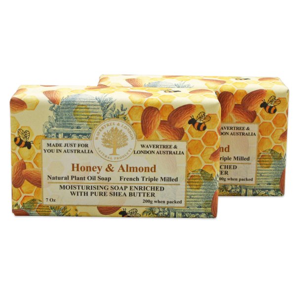 Wavertree & London Honey Almond Scented Natural Soap (2 Bars), 7oz Moisturizing French Triple Milled Soap Bars enriched with shea butter - Pure Plant Oil Bath & Body Soap for All Skin Types