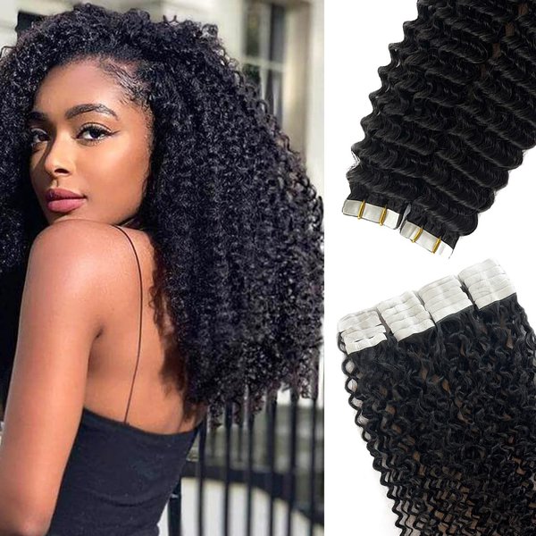 Human Hair Extensions Tape in Kinky Curly Real Hair Extensions 16 inch 3C Tape on Extensions for Black Women 20 Pieces 50 Gram Curly Remy Hair Double Sided Tape ins
