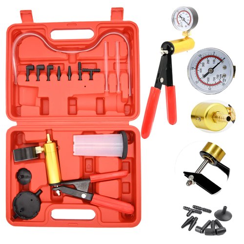 Hand Held Vacuum Pump Tester kit for Automotive with Sponge Protected Case,Adapters,One-Man Brake and Clutch Bleeding System(16pcs)