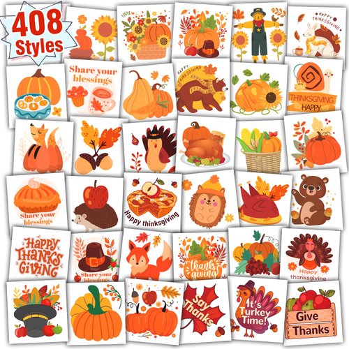 Partywind 408 PCS Thanksgiving Temporary Tattoos for Kids Gifts, Individually Cut Tattoo Stickers for Fall Autumn Party Supplies Favors Decorations, Thanksgiving Games Toys for Boys and Girls