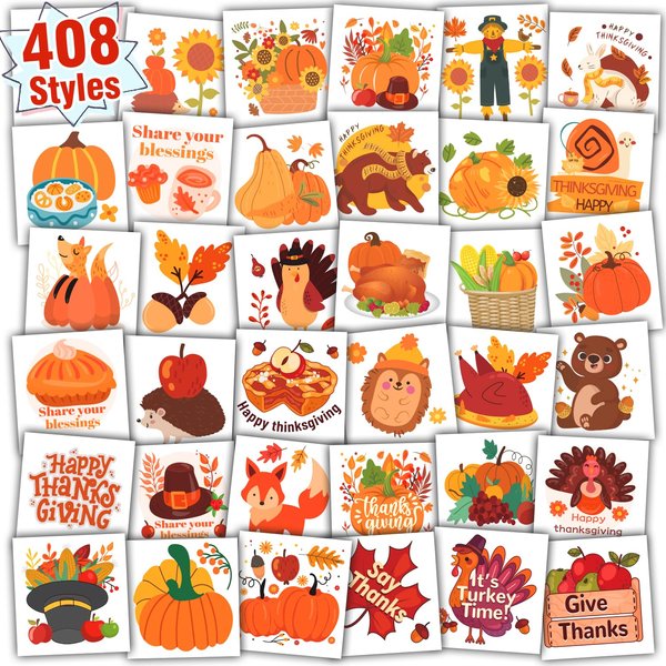 Partywind 408 PCS Thanksgiving Temporary Tattoos for Kids Gifts, Individually Cut Tattoo Stickers for Fall Autumn Party Supplies Favors Decorations, Thanksgiving Games Toys for Boys and Girls