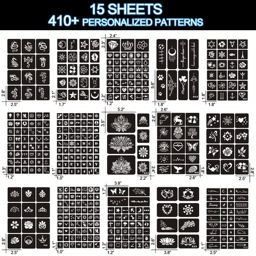 BULEFSEA Henna Tattoo Stencils Kit Reusable for Women Girls and Kids, 410+ PCS Tattoo Templates,Temporary Indian Arabian Glitter Airbrush Tattoo Stencil