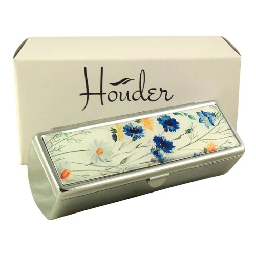 Houder Designer Lipstick Case with Mirror for Purse - Decorative Lipstick Holder with Gift Box - Velvet Lined - Protect Your Lipsticks in Style (Blue Flowers)