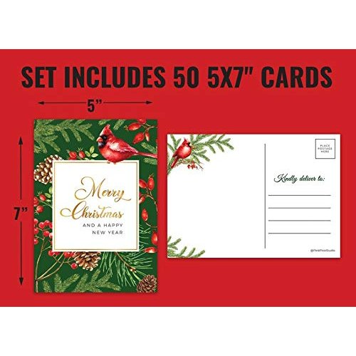 50- Red Cardinal Bird Holiday Postcard Set 5x7" Cute Blank Winter Christmas Greeting Cards, Bulk Pack of Premium Seasons Greetings, Happy New Years Cards for Business Office or Church Thank You Notes