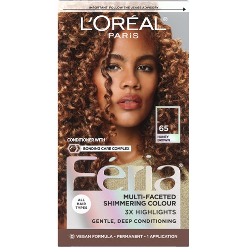 L’Oreal Paris Feria Multi-Faceted Shimmering Permanent Hair Color, High Intensity Hair Dye for 3X Highlights, 65 Honey Brown (Richest Caramel Brown), 1 Hair Dye Kit