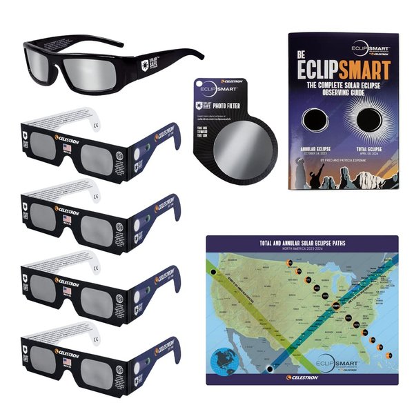 Celestron – 8-Pc EclipSmart Safe Solar Viewing & Imaging Kit – Meets ISO 12312-2:2015(E) Standards – Premium Solar Safe Filter Technology – Includes 5 Glasses + Photo Filter + Guidebook + Map