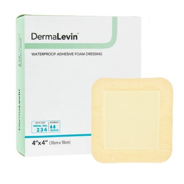 DermaRite's DermaLevin Waterproof Adhesive Foam Island Dressing, Absorbent Wound Care with Border, Sterile - 4 in. x 4 in., 1 Count, 10 Packs, 10 Total