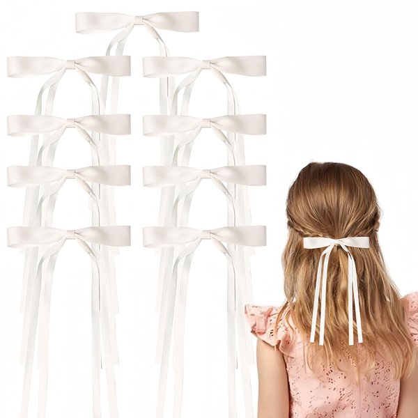 Yuibthr 9 Pack Bow Hair Clips, Hair Ribbon with Long Tail,Metal Clip,for Women Cute Accessories (Beige)