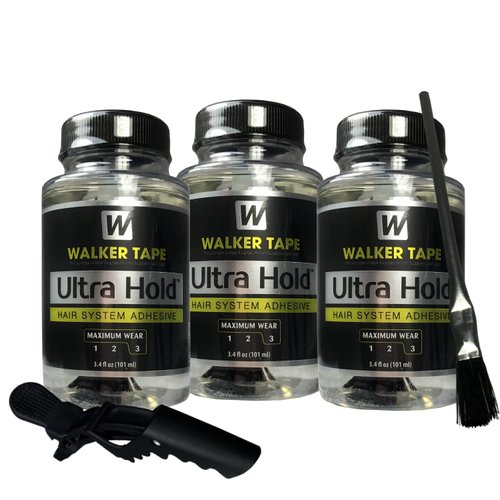 3pcs Ultra Hold Hair System Adhesive 3.4oz w/Hair Clip & Brush Bundle Pack | Waterproof Invisible Long-Lasting | Front Bonding Weave Toupees Wigs Extensions Lace Wig Glue | Bold Hold Adhesive