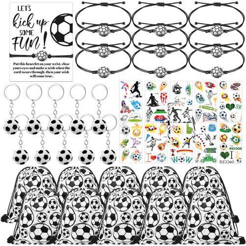 Equsion 50 Pcs Soccer Team Gifts Set Includes Soccer Drawstring Bags Soccer Bracelets Soccer Keychains Soccer Stickers Soccer Cards Soccer Party Favors for Soccer Lover Fans