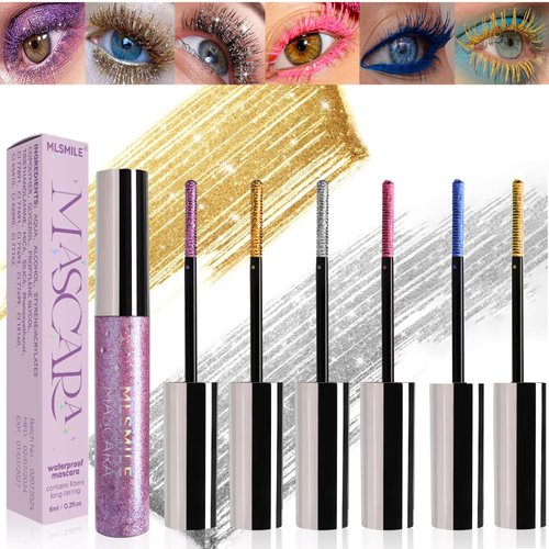 6 Colors Colorful Mascara for Eyelashes Set, Pearly Glitter Waterproof No Smudge Colored Mascara, Charming Voluminous Mascara, Halloween Christmas Eyes Makeup