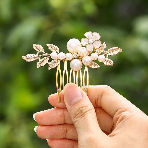 Yokawe Bridal Wedding Hair Comb Gold Pearl Flower Hair Clip Vintage leaf Rhinestone Bride Hair Accessories for Women and Girls (Gold)