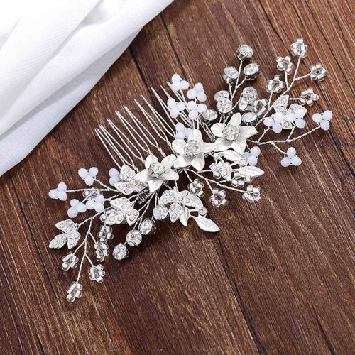 Catery Flower Bride Wedding Hair Comb Silver Rhinestones Hair Side Comb Bridal Hair Clips Hair Accessories for Women and Girls