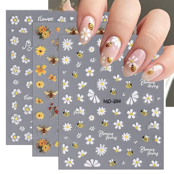 Flower Nail Art Stickers 5D Embossed Cute Bee Nail Decals Spring Daisy Nail Design Fall Flowers Nail Art Decoration Self-Adhesive Nail Supplies for Women Girls Manicure Accessories, 3pcs
