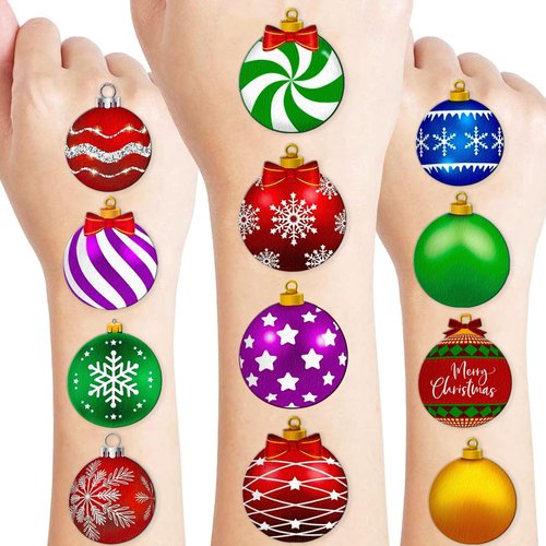 Christmas Xmas Tree Ball Light Bulb Temporary Tattoos Themed Birthday Party Decor Decorations Favors Supplies 76 PCS Cute Red Green Ornaments Tattoo Stickers Gifts For Kids Boys Girls School Prizes