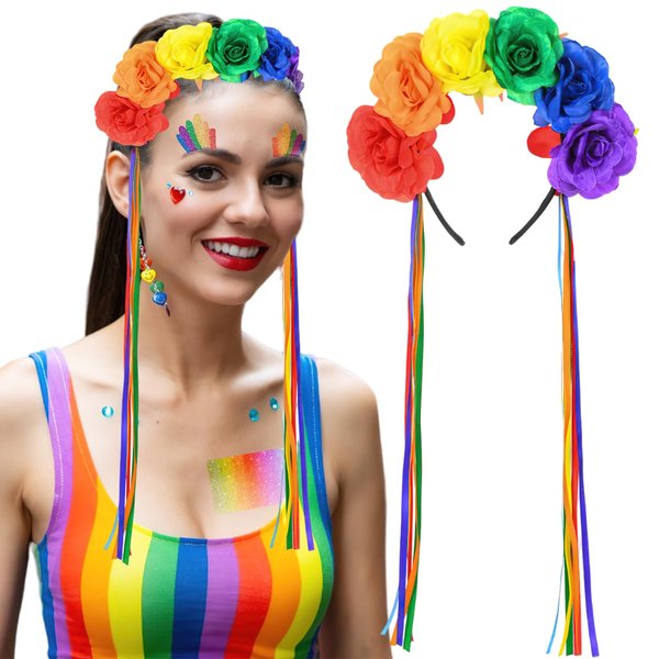 BASEMMAHER Rainbow Rose Flower Headband With Rainbow Tassels for Women Girls Floral Crown Garland Hair Accessories for LGBTQ Gay Pride Day Halloween Day of the Dead Mardi Gras Party Costume Headpiece