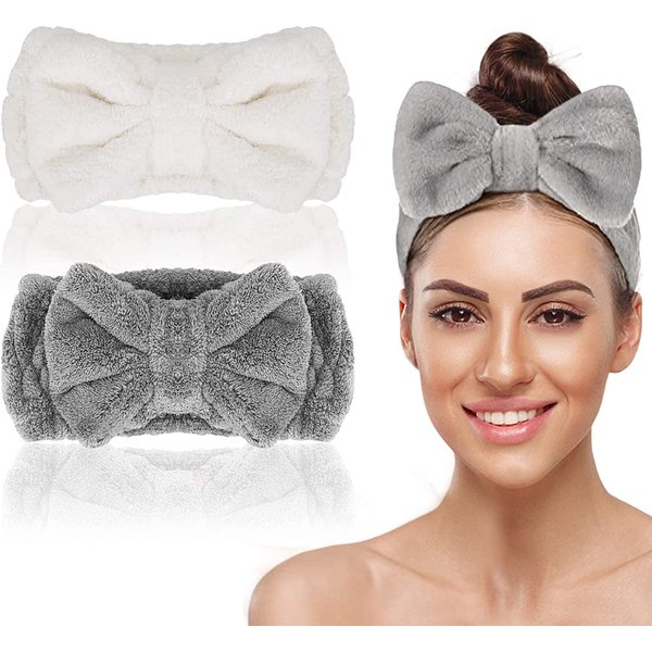 2 Pcs Bowknot Spa Headband, Soft Coral Fleece Facial Makeup Hair Wrap Makeup Fluffy Headband for Women Girls Washing Face Skincare(White/Grey)