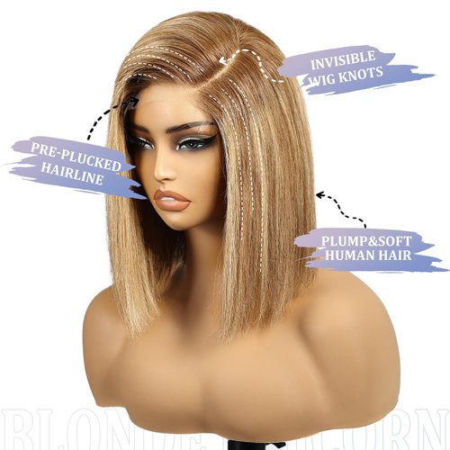 BLONDE UNICORN 12 Inch Bob Wig with Bangs Human Hair,Blonde Brown Bob Wigs for White Women,100% Human Hair Shoulder Length Wigs for Daily Use 180 Density