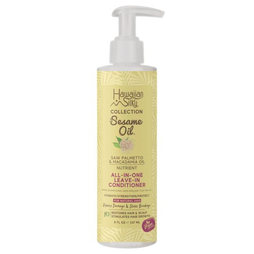 Hawaiian Silky Vegan Sesame Oil All-In-One Nutrient Leave-In-Conditioner with Saw Palmetto & Macadamia Oil 8 FL OZ - Hydrate, Strengthen & Protect for all Hair Types