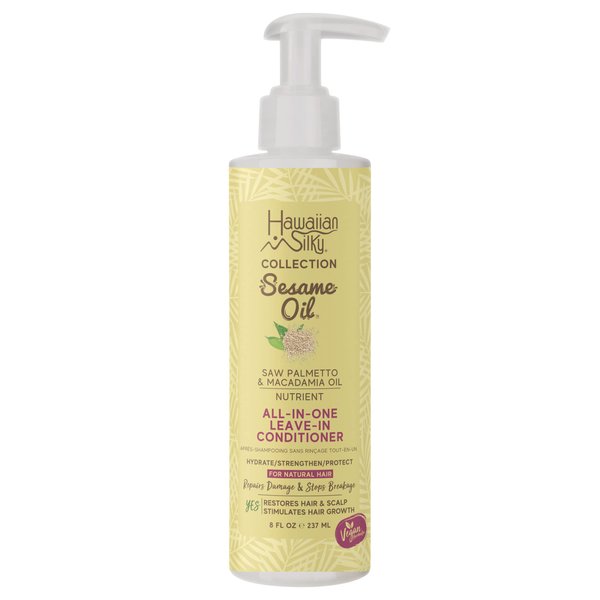 Hawaiian Silky Vegan Sesame Oil All-In-One Nutrient Leave-In-Conditioner with Saw Palmetto & Macadamia Oil 8 FL OZ - Hydrate, Strengthen & Protect for all Hair Types