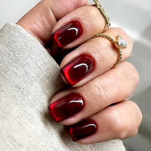24Pcs Wine Red Press on Nails Cat Eye Fake Nails Medium Square Fake Nails with Glitter & Gradient Designs Glossy Acrylic Nails for Women and Girls Full Cover Stick on Nails for Women and Girls