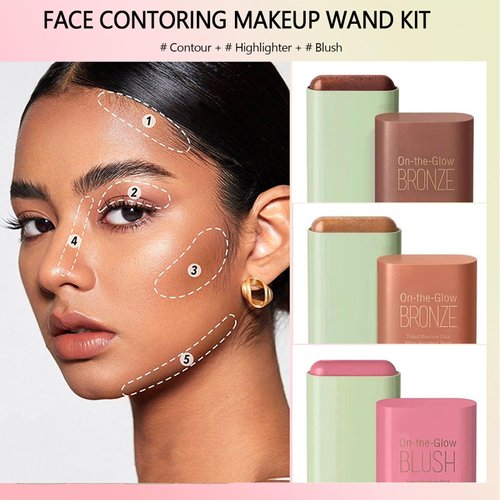 3 PCS Contour Stick, Cream Highlighter & Bronzer & Blush Shades, Multi-Use Makeup Tinted Solid Moisturizer Stick for Cheeks, Waterproof Natural Face Makeup Contouring