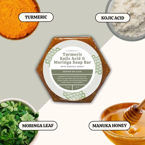 Turmeric, Kojic Acid & Moringa Soap Bar for Discoloration, Dark Spots, Acne Scars, Uneven Skin. Deep Clean & Unclog Pores, Brighten, Glow & Smooth Skin