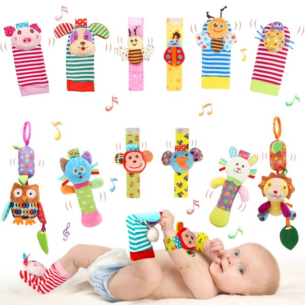 BLOOBLOOMAX Baby Soft Hanging Rattle, Wrist Rattle and Hand Foot Rattle Toy, Car Seat Stroller Toys with Plush Animal C-Clip Ring for Infant Babies Boys and Girls 3 6 9 to 12 Months (12PCS-G)