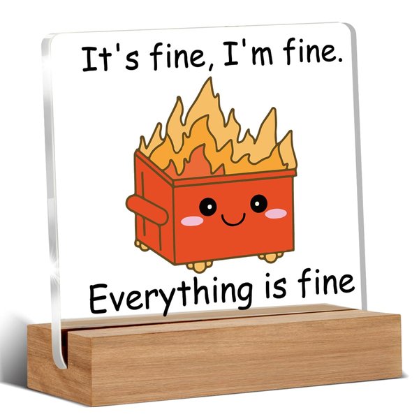 Dumpster Fire Desk Accessories Decor, Funny Office Gifts for Women Men Coworkers, It's Fine I'm Fine Everything is Fine, Cute Orange Dumpster Desk Signs Plaque