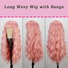 andromeda Pink Wig with Bangs Soft Long Wavy Wigs for Women Curly Synthetic Fiber Wig Halloween Costumes Cosplay Party Wigs (Pink)