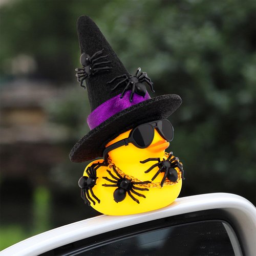 wonuu Spiders Rubber Ducks for Halloween, Car Dashboard Decorations Duck for Office Desk Ornament Accessories with Witch Hat Glasses Chain Spider (Black)