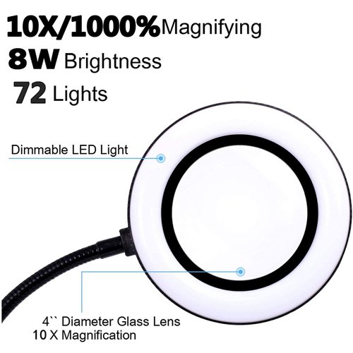 10X Magnifying Glass Lamp with Light Magnifier Light with Clip, Adjustable Flexible Gooseneck, 3 Color Modes Magnifying Lamp with USB Powered, Perfect for Daily Hobbies Repairing, Reading, Crafts