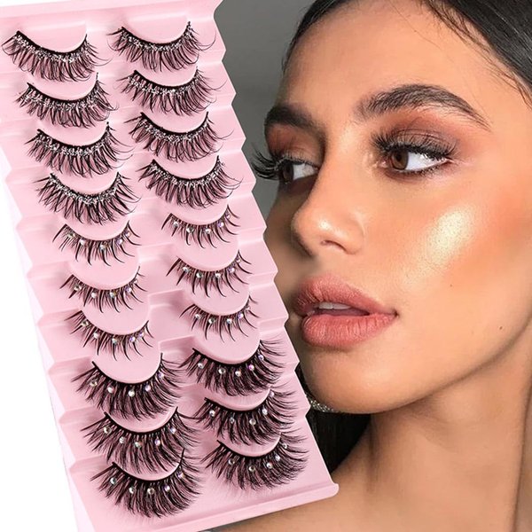 Uranian False Eyelashes with Glitter Natural Look Faux Mink Lashes Fluffy Wispy Fake Eyelashes Thick Lash Clusters Eye Lash Extension Luxury Rhinestone False Eye Lashes for Women (10 Pairs)
