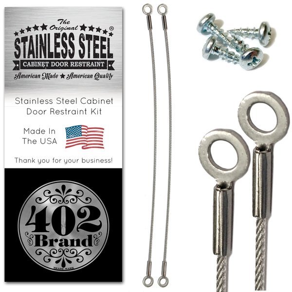 402 Brand Stainless Steel Cabinet Door Restraint Kit. Made in USA. Flexible Braided Cable. Cupboard Hinge Limiter. Restrict Cabinet Door Swing. Limit Door Opening Angle.