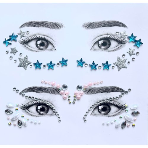 Rebel Tattoos Self-Adhesive Eye Pearls and Face Gems Jewels for Rave Party Festival Makeup, Reusable Multicolor Acrylic Crystal Temporary Tattoo Stickers, Mermaid Face Jewel Eye Stones (Azure Shine)
