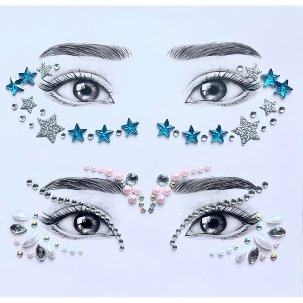 Rebel Tattoos Self-Adhesive Eye Pearls and Face Gems Jewels for Rave Party Festival Makeup, Reusable Multicolor Acrylic Crystal Temporary Tattoo Stickers, Mermaid Face Jewel Eye Stones (Azure Shine)