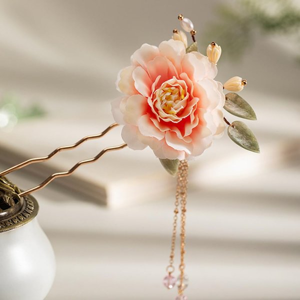 Red Silk Flower Pearl and Leaves Tassels Chinese Hanfu and Style Hair Retro Flower with Metal Handmade Hair Clip for Women Girls Long Hair