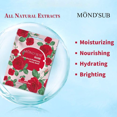 [MOND'SUB]Sheet Face Mask For All Skin Types-Fruits Facial Mask Sheet-Deep Moisturizing&Nourishing&Hydrating-Natural&Organic Collagen Essence Skin Care (Rose Hydrating & Brightening)