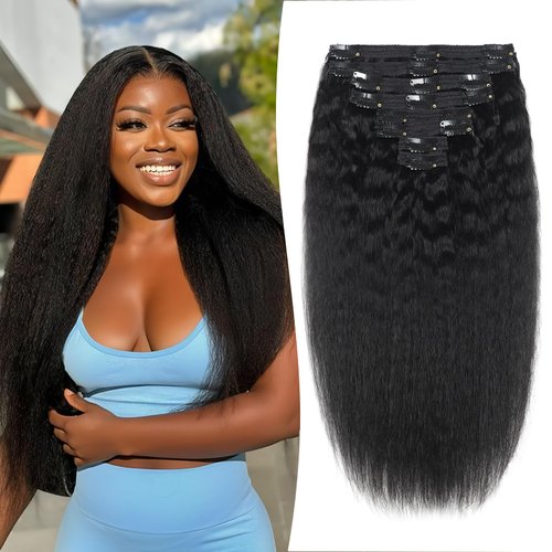 Rinatore Kinky Straight Clip ins: 120g Clip in Hair Extensions Real Human Hair Natural Black for Women Remy Kinky Straight Human Hair Clip in Extensions Double Weft Seamless 18 Inch 8pcs