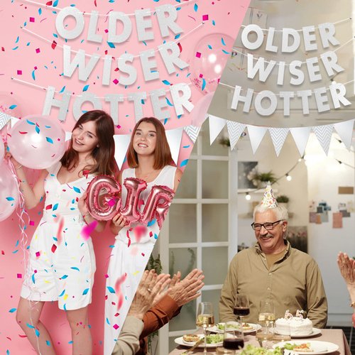 Older Wiser Hotter Birthday Banner, Funny Birthday Decorations for Adults Party Decorations, Happy Birthday Sign Birthday Decorations for Women Men, 30th 40th 50h 60th 70th Birthday Decor Supplies
