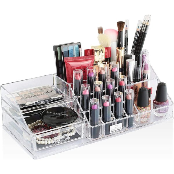 Decozen Makeup Organizer - Vanity Storage for Makeup Brushes, Nail Polish, Lipstick, Mascara, Perfumes, Lip Gloss, Foundation, Jewelry - Perfect Room Decor - 19 Slots & 1 Drawer