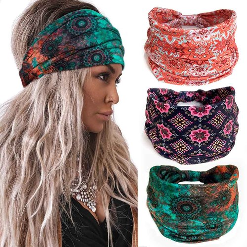 Aceorna Boho Headbands Wide Knotted Hairbands Stretch Printed Head Bands Bohemia Head Wraps for Women and Girls 3 Pcs (Set I)