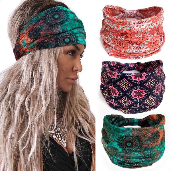 Aceorna Boho Headbands Wide Knotted Hairbands Stretch Printed Head Bands Bohemia Head Wraps for Women and Girls 3 Pcs (Set I)