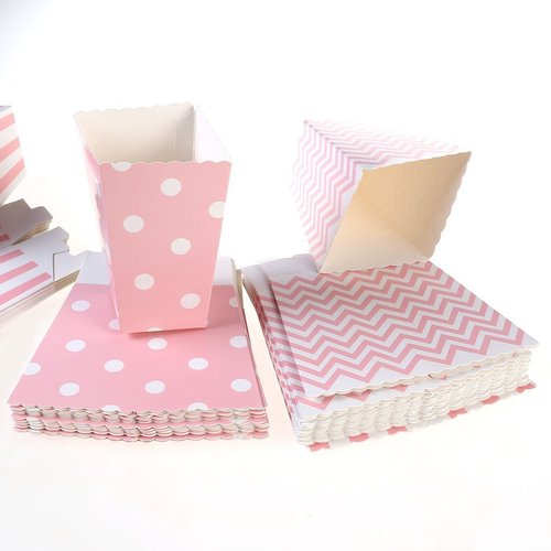 BinaryABC Paper Popcorn Boxes Striped Polka Dot Candy Box for Party Favor,48 PCS(Pink)
