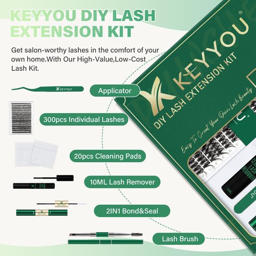 DIY Lash Extension Kit KEYYOU 300Pcs Individual Eyelash Extension Kit 50D 0.07D Curl 9-18MIX Lash Clusters Kit with Lash Glue Remover Applicator Easy to Use for Beginners(Kit-50D-0.07D,9-18MIX)
