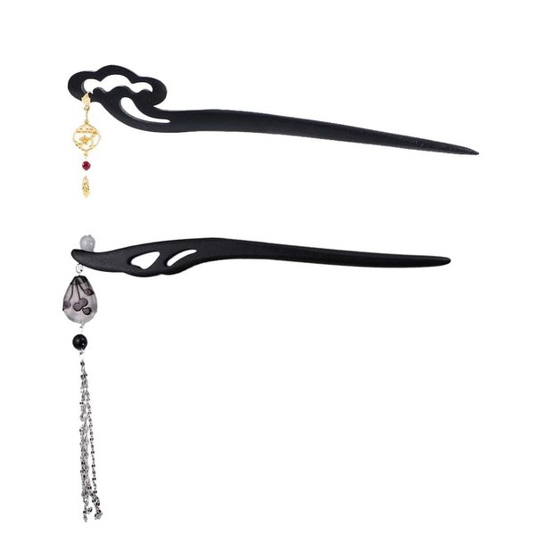 Pokinge 2pcs Vintage Temperament Tassel Hairpin Auspicious Cloud Wood Hair Sticks, New Chinese Style Wooden Hairpin Exquisite Cheongsam Headdress Accessories
