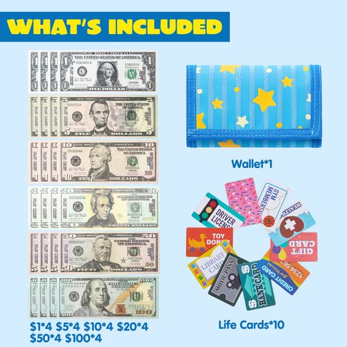 JOYIN 35PCS Kids Pretend Money, Play Credit Cards Set, Toddler Wallet, Single-Sided Printed Currency (Copy) for Cash Register Play, Math Learning Toy, Dress Up Party Favors, Christmas Birthday Gift