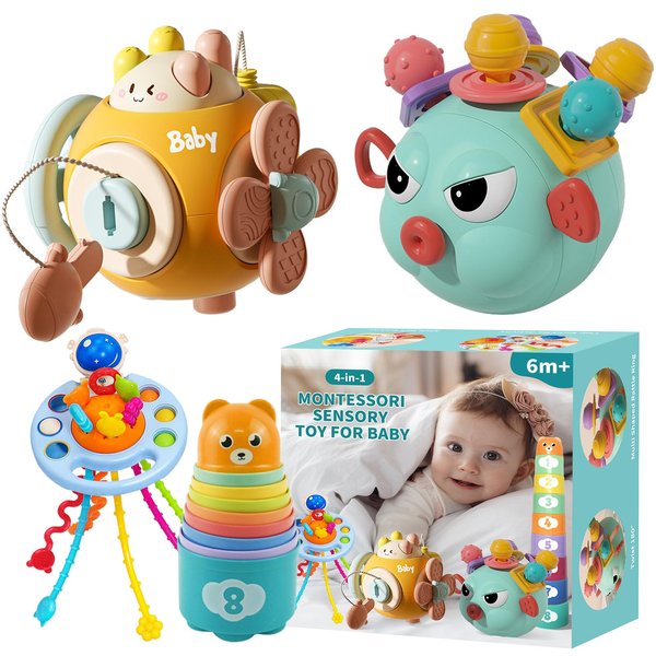 Elfew Baby Toys 6 to 12 Month, 4 in 1 Montessori Toys Set, Sensory Toys for Babies, Infant Toys Include Busy Cube, Silicone Pull String, Stacking Cups and More, Gift for 1 Year Old Boy and Girl